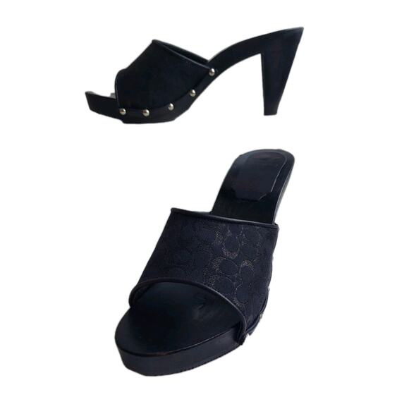 COACH Brenda Womens Shoe Sandal Sz 7 Wood Heel Black Metal Signature Logo A0871 - Picture 1 of 12
